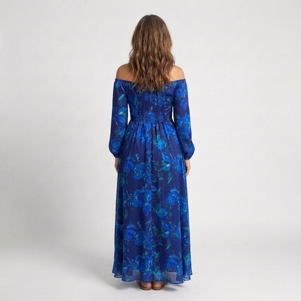 Elegant Maxi Dress for Women Off-Shoulder Floral Long-Sleeve