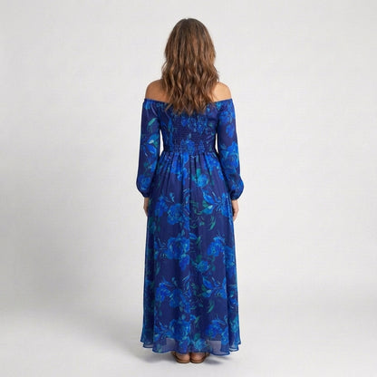 Elegant Maxi Dress for Women Off-Shoulder Floral Long-Sleeve