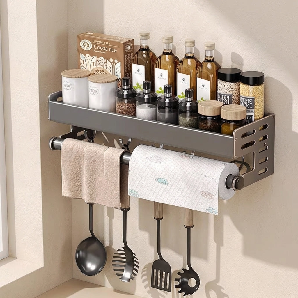 Wall-Mounted Spice Rack, Metal, Black, Multi-Function Storage
