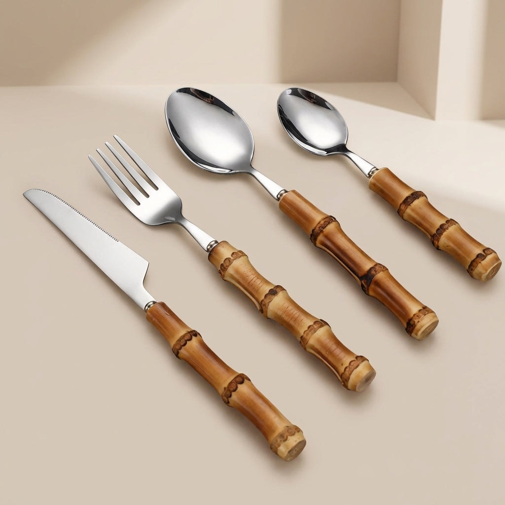 Flatware Set, Stainless Steel, Bamboo Handle, 16 Piece