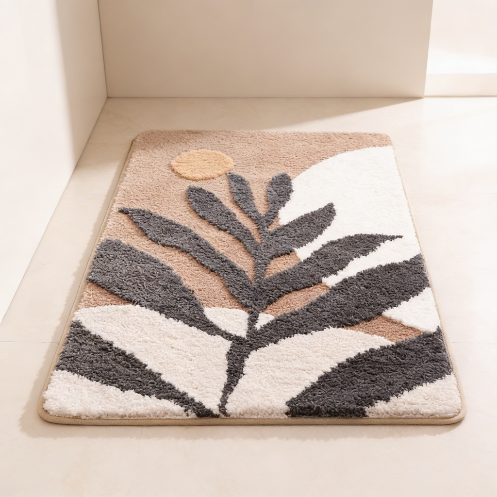 Flocked Bath Mat, 40x60cm 50x80cm Sizes, Non-Slip Base, Leaf Pattern