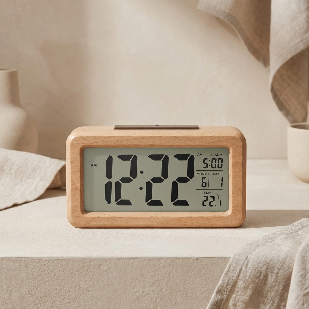 Wooden Digital Alarm Clock, LED Display, Time Date Temperature Display