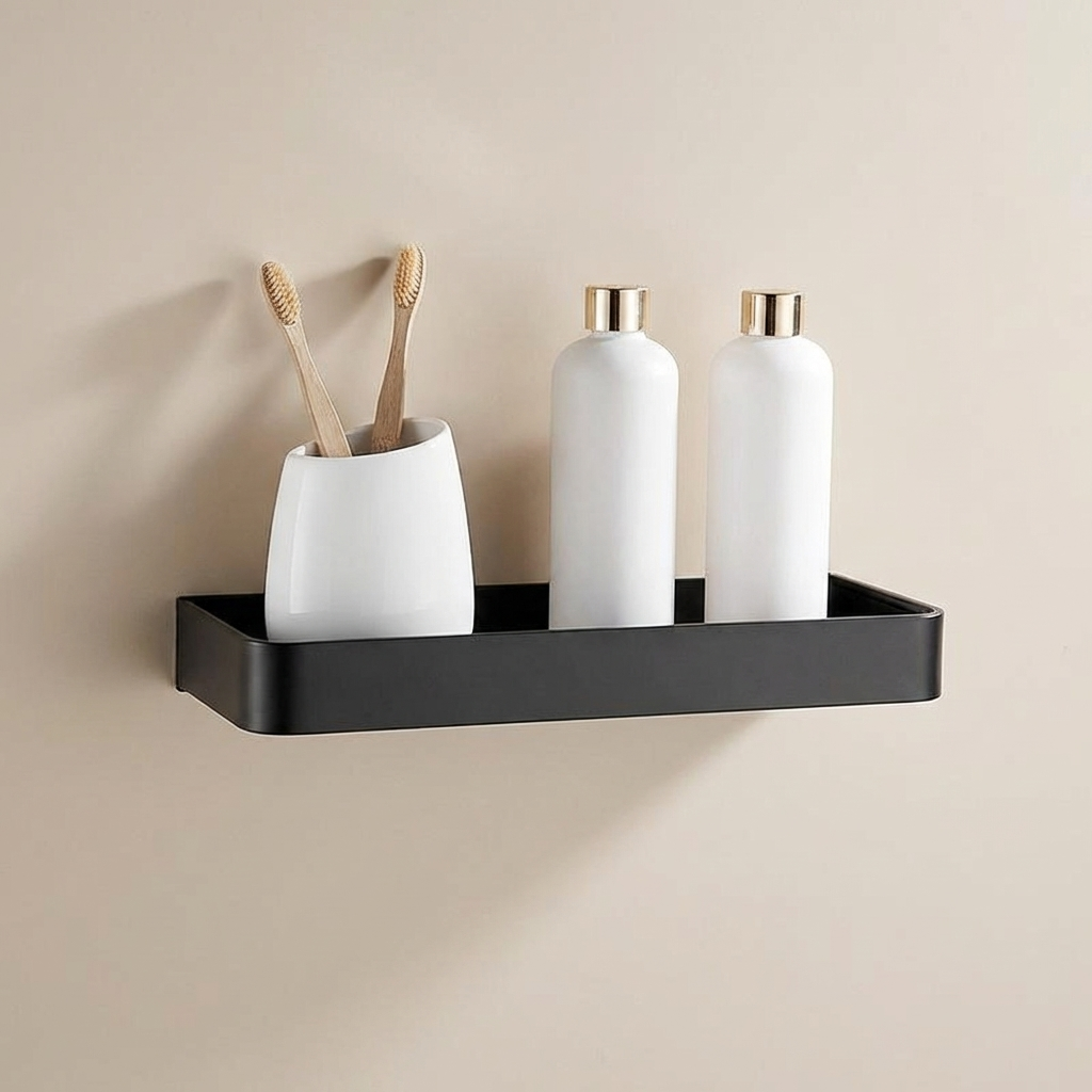 Bathroom Shelf Aluminum Matte Black Wall Mounted Storage Adhesive or Drill Mount