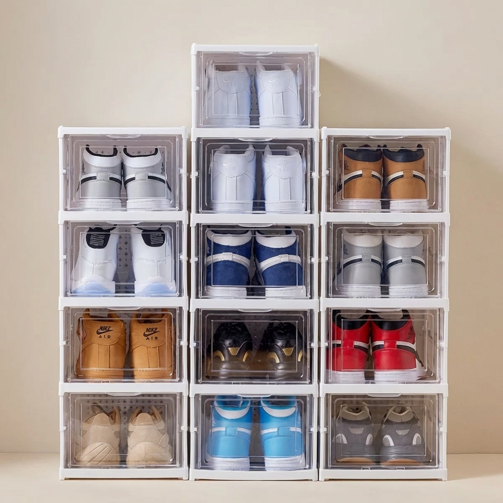 Stackable Shoe Cabinet 3 Tier Foldable Plastic White Clear Door Storage Unit