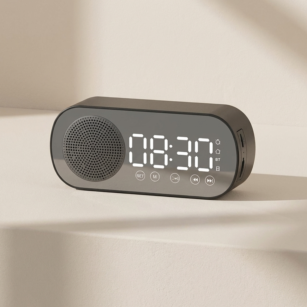 Digital Alarm Clock, LED Mirror Display, Bluetooth Speaker, FM Radio Function
