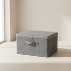 Fabric Storage Box, Gray Color, Foldable Design, Lid Closure