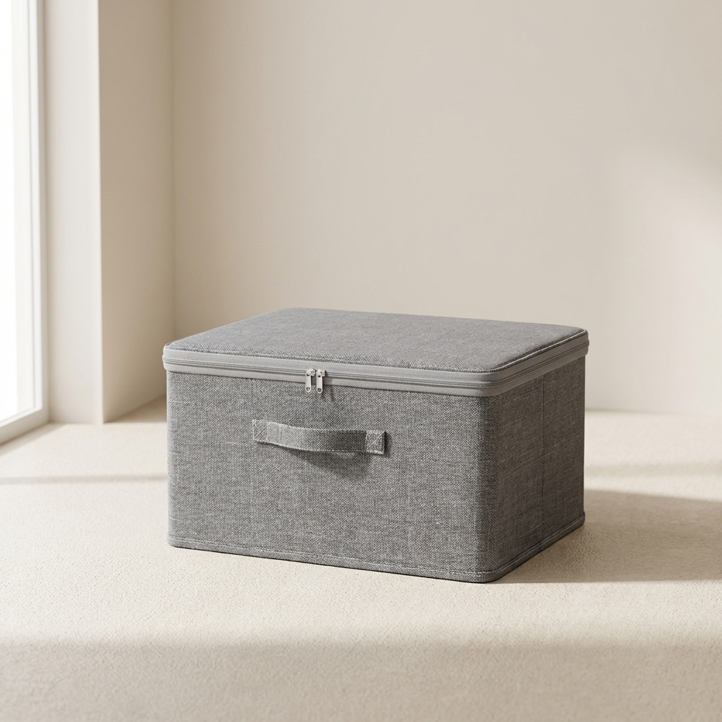 Fabric Storage Box, Gray Color, Foldable Design, Lid Closure