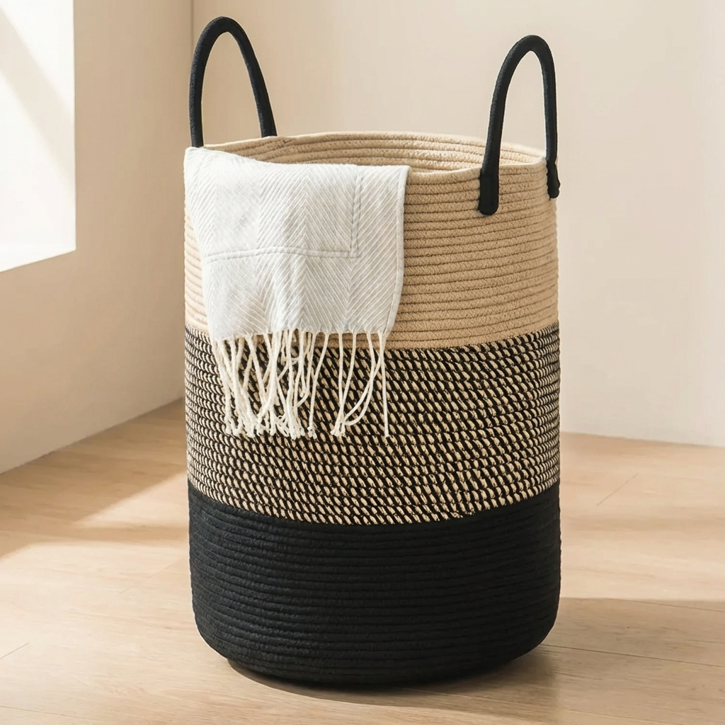 Braided Cotton Laundry Basket, 58L Capacity, Foldable Design, Dual Handles
