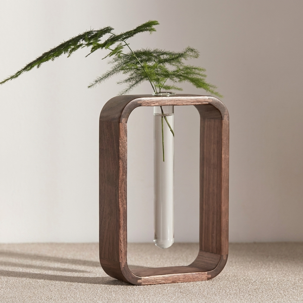 Glass Test Tube Vase with Wooden Frame, Transparent Glass, Tabletop Display
