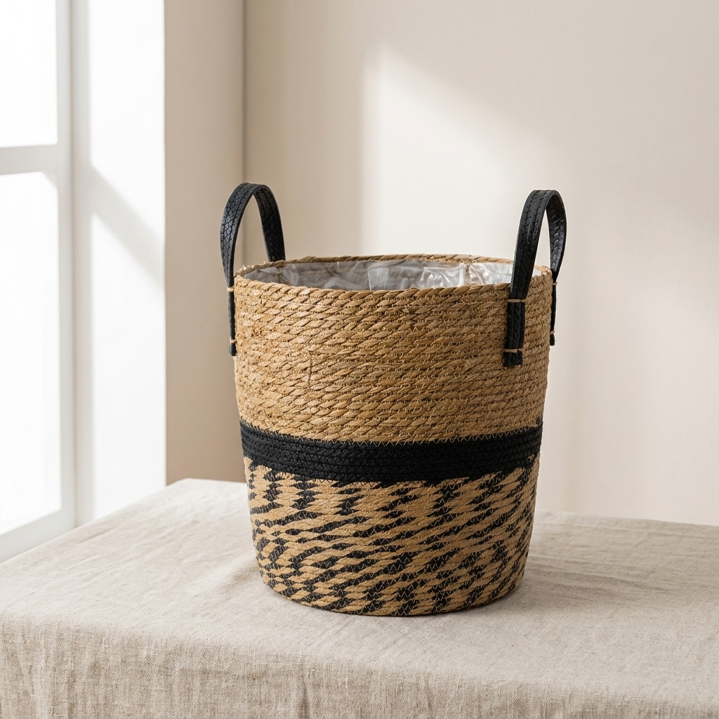 Woven Storage Basket, Seagrass Material, Integrated Handles