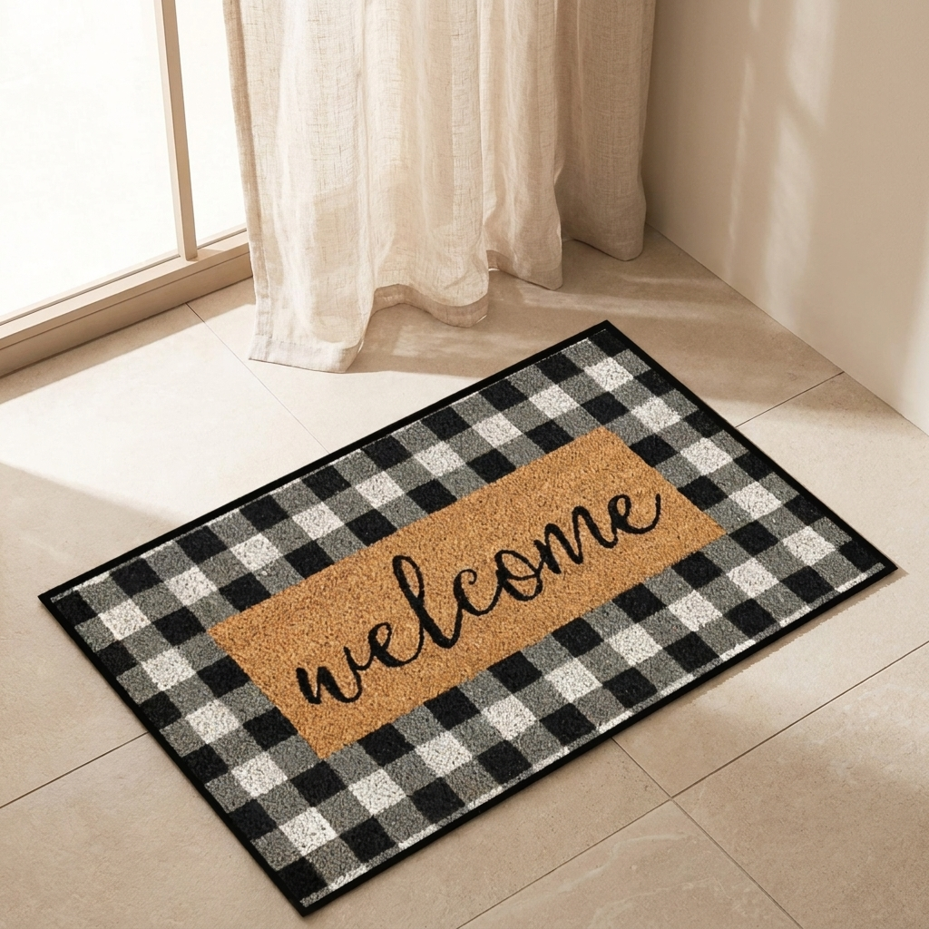 Buffalo Plaid Door Mat, Felt Material, Welcome Text
