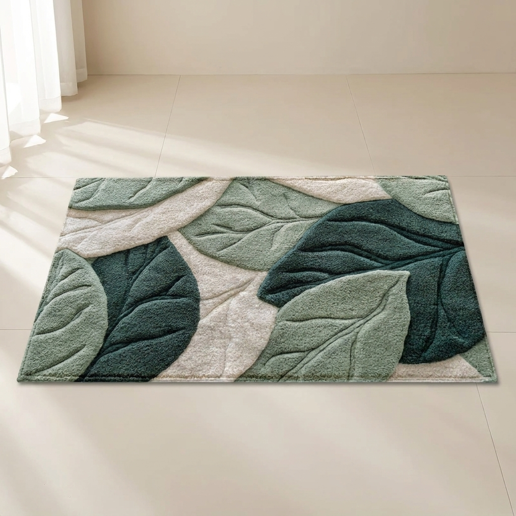 Leaf-Pattern Microfiber Bath Mat, Non-Slip Base, Machine Washable