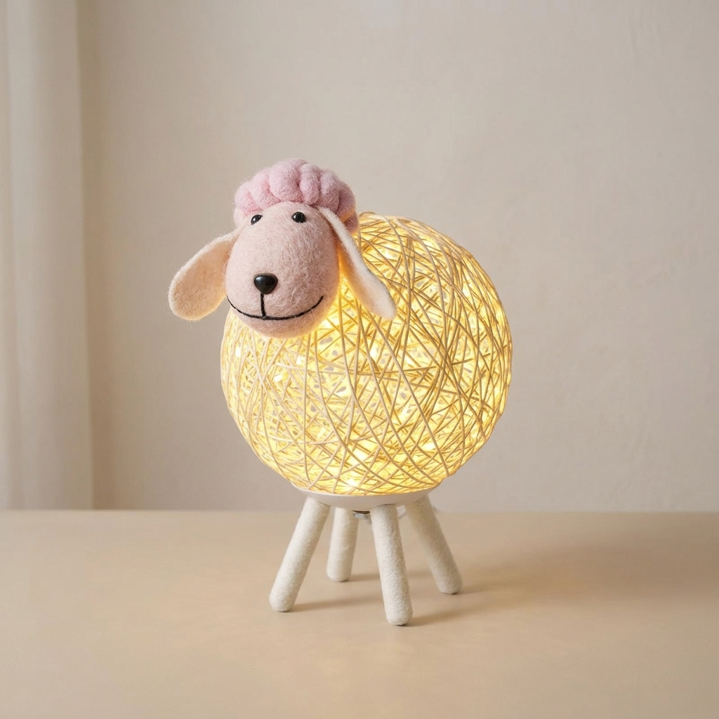 Sheep-Shaped Rattan Table Lamp, Dimmable LED, Remote Control