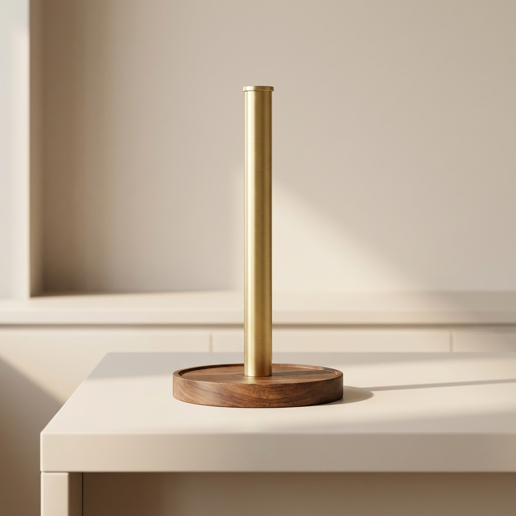 Countertop Paper Towel Holder, Walnut Base, Aluminum Pole