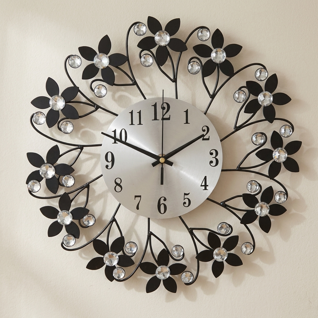 Floral Analog Wall Clock Silent Sweep Battery Operated Indoor Wall Mounted