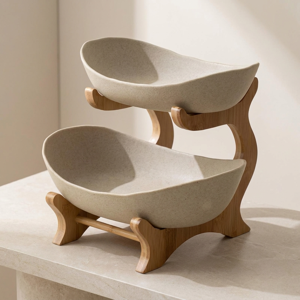 Tiered Fruit Stand Bamboo Frame Plastic Oval Bowls