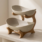 Tiered Fruit Stand Bamboo Frame Plastic Oval Bowls