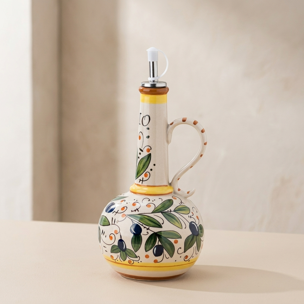 Oil Dispenser Bottle Ceramic Stainless Steel Spout Floral Design