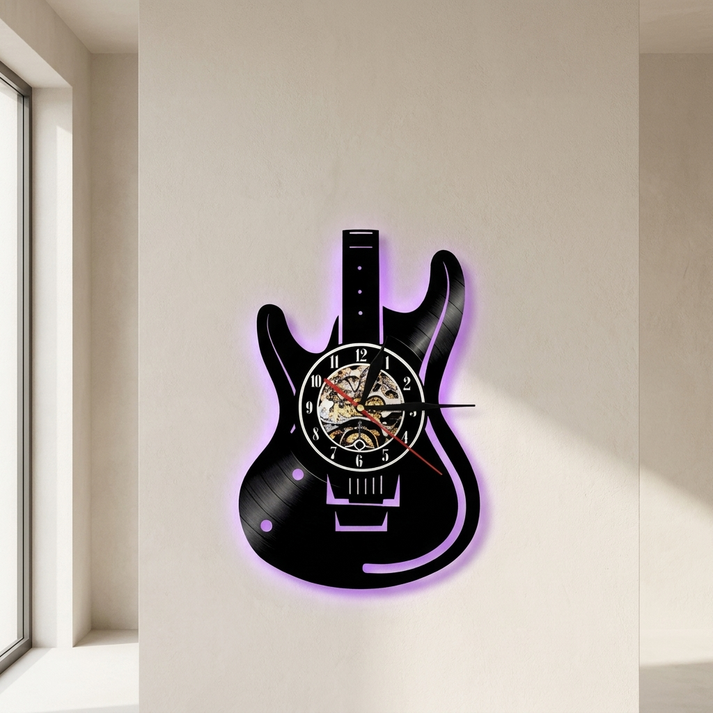 Vinyl Wall Clock Guitar Record Design Analog Decorative Music Theme Home Wall Decor