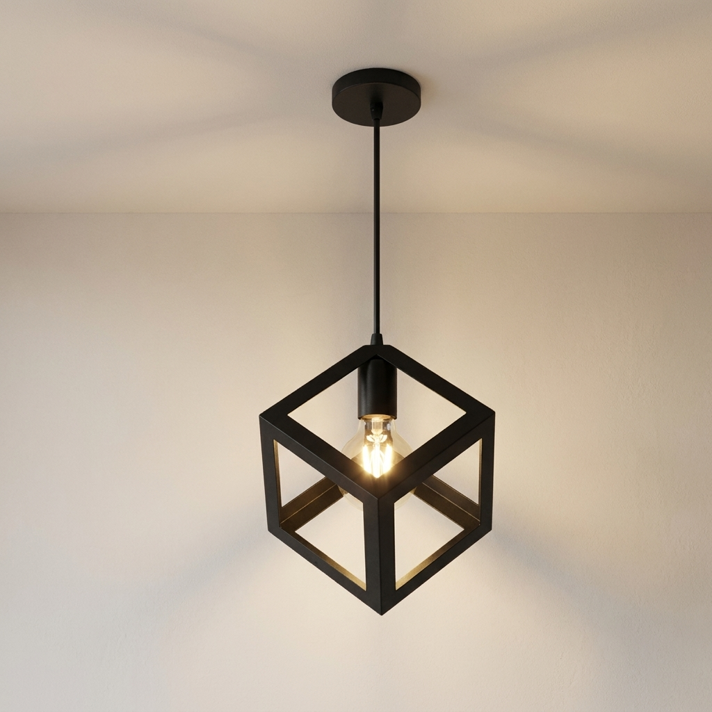 Pendant Light Iron Black Cube Open Frame Ceiling Mounted