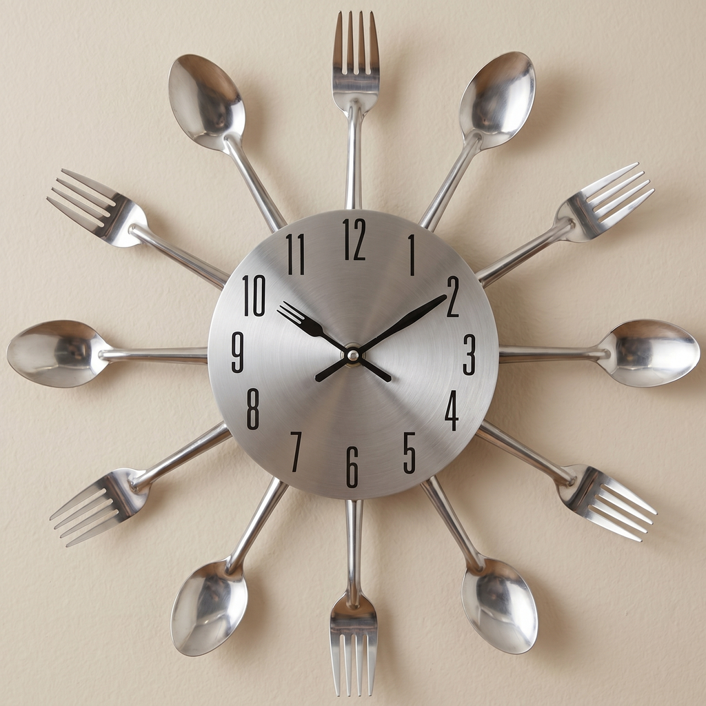 Cutlery Round Wall Clock, Silent Operation, Unique Kitchen Design