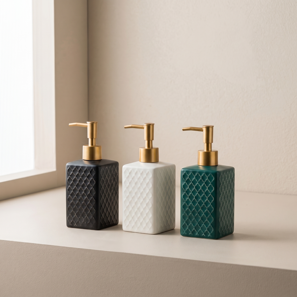 Ceramic Soap Dispenser Ceramic Plaid Design Gold Press Pump