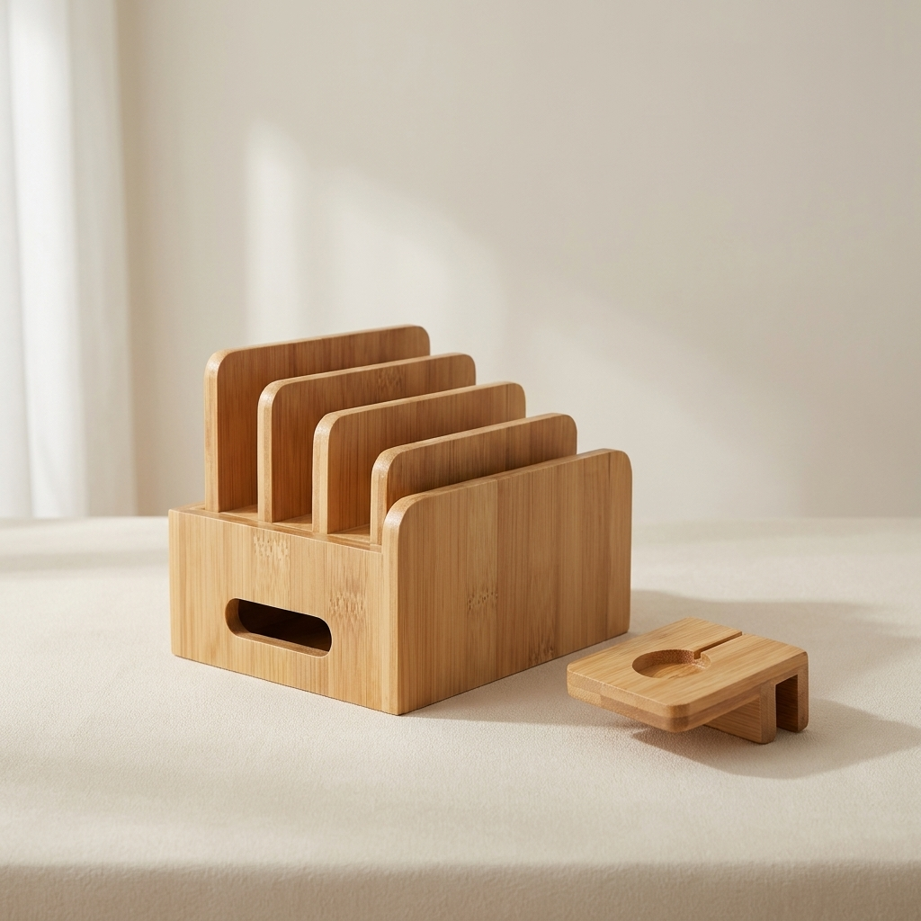 Charging Station Bamboo Desktop Organizer with 5 USB Ports and Cable Management