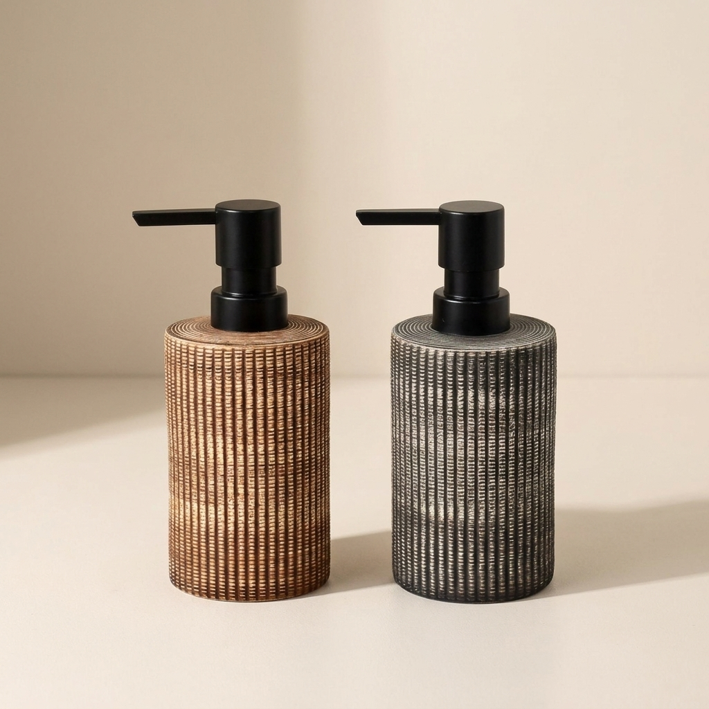 Hand Soap Dispenser Set Ribbed Ceramic Bathroom Kitchen Countertop Dispensers