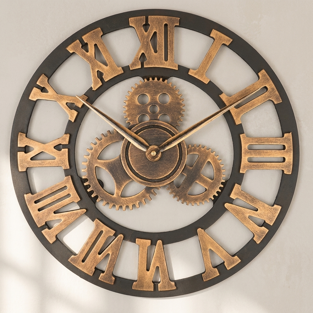 Industrial Gear Wall Clock, Roman Numerals, Silent Non-Ticking Movement