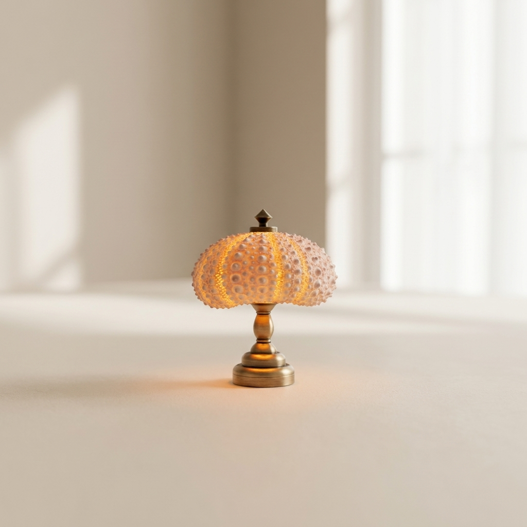 Miniature Night Light, Natural Sea Urchin Shell, Gold-Plated Metal Base, Button Cell Powered