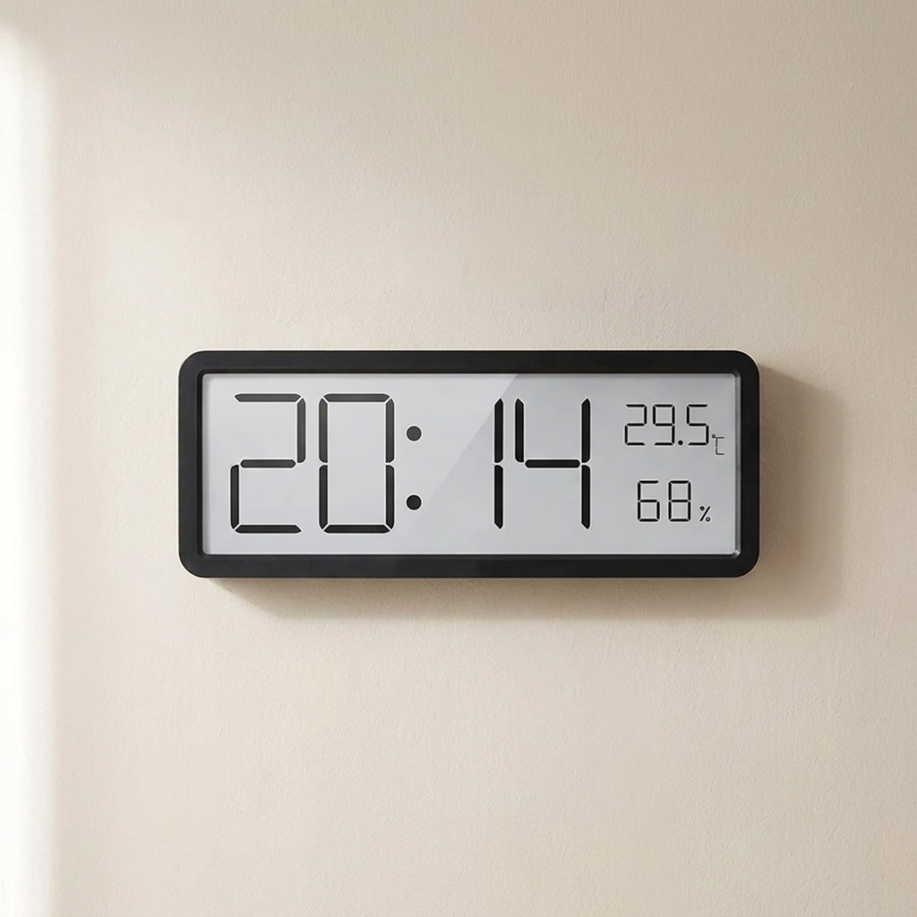 Digital Wall Clock, LCD Screen, Temperature and Humidity Sensors, Plastic Housing