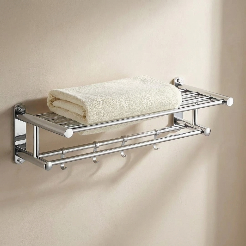 Wall-Mounted Towel Rack, Stainless Steel, Matte Brushed Finish, Integrated Hooks