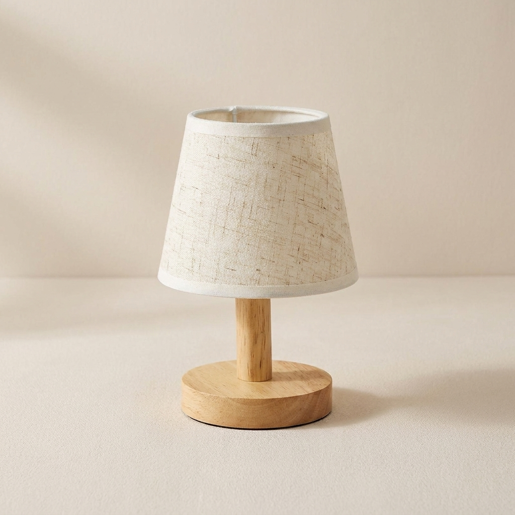 Nightstand Table Lamp, Solid Wood Base, Pleated Fabric Shade, 3W LED