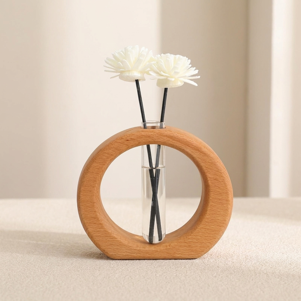 Hydroponic Test Tube Vase, Wood and Glass, Circular Frame, Single Tube