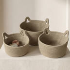 Desktop Storage Basket, Cat Ear Design, Cotton Rope Material, Natural Color
