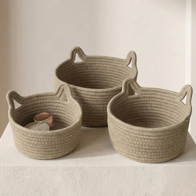 Desktop Storage Basket, Cat Ear Design, Cotton Rope Material, Natural Color