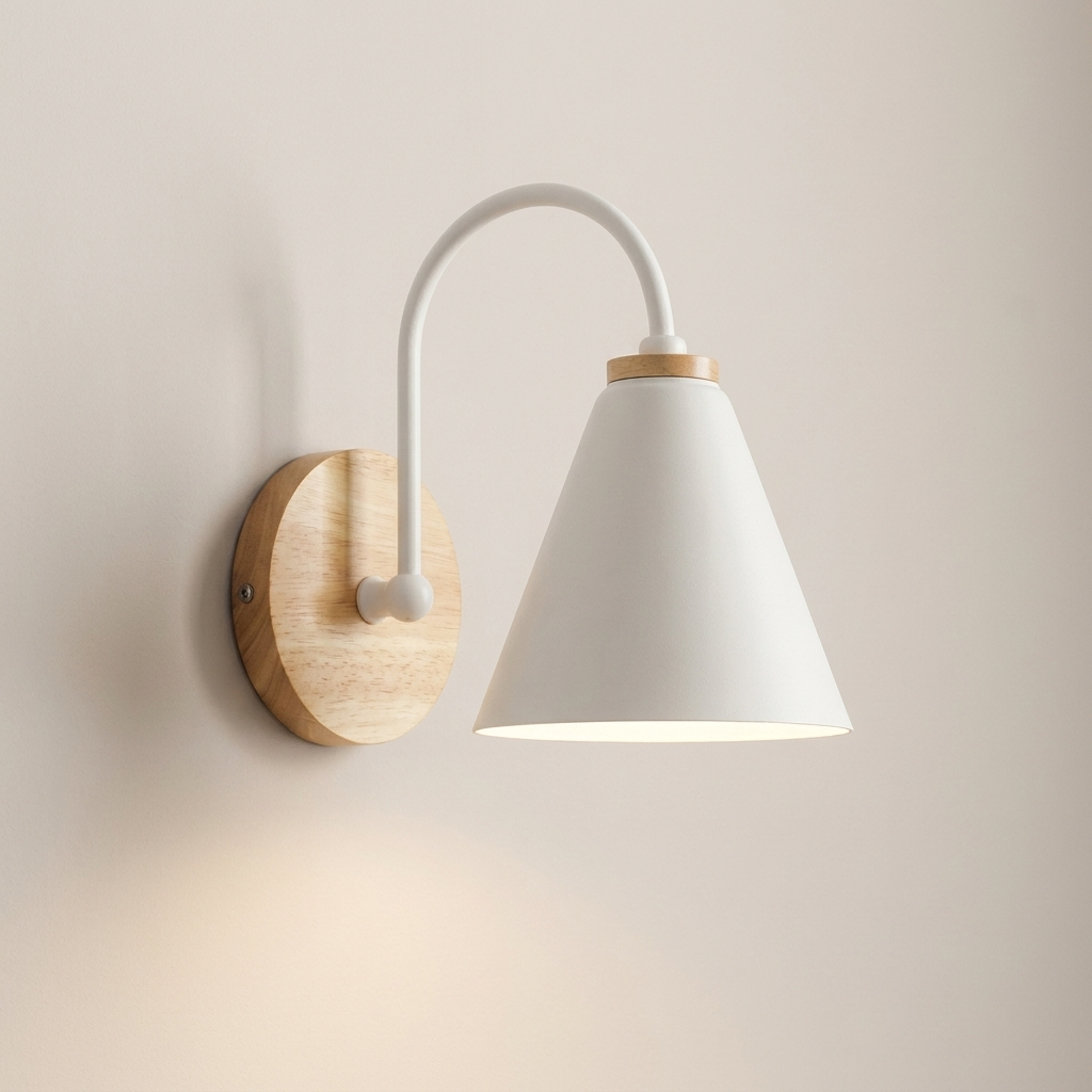 Swing Arm Wall Lamp Wood and Metal Cone Shade Wall Mounted