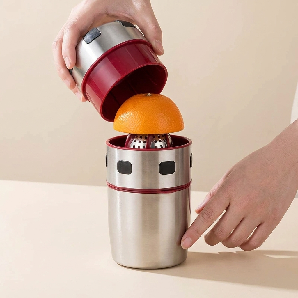 Manual Citrus Juicer, Stainless Steel, Hand-Press, Built-in Cup