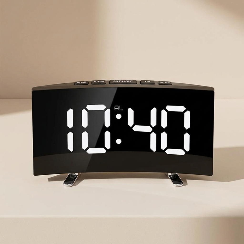 Digital Alarm Clock Curved Mirror LED Screen with Desktop Tabletop Design