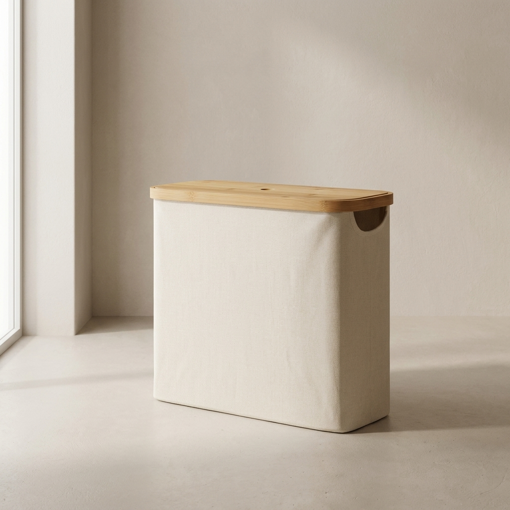 Bathroom Storage Basket, Bamboo and Fabric, Lidded, 12-Roll Capacity