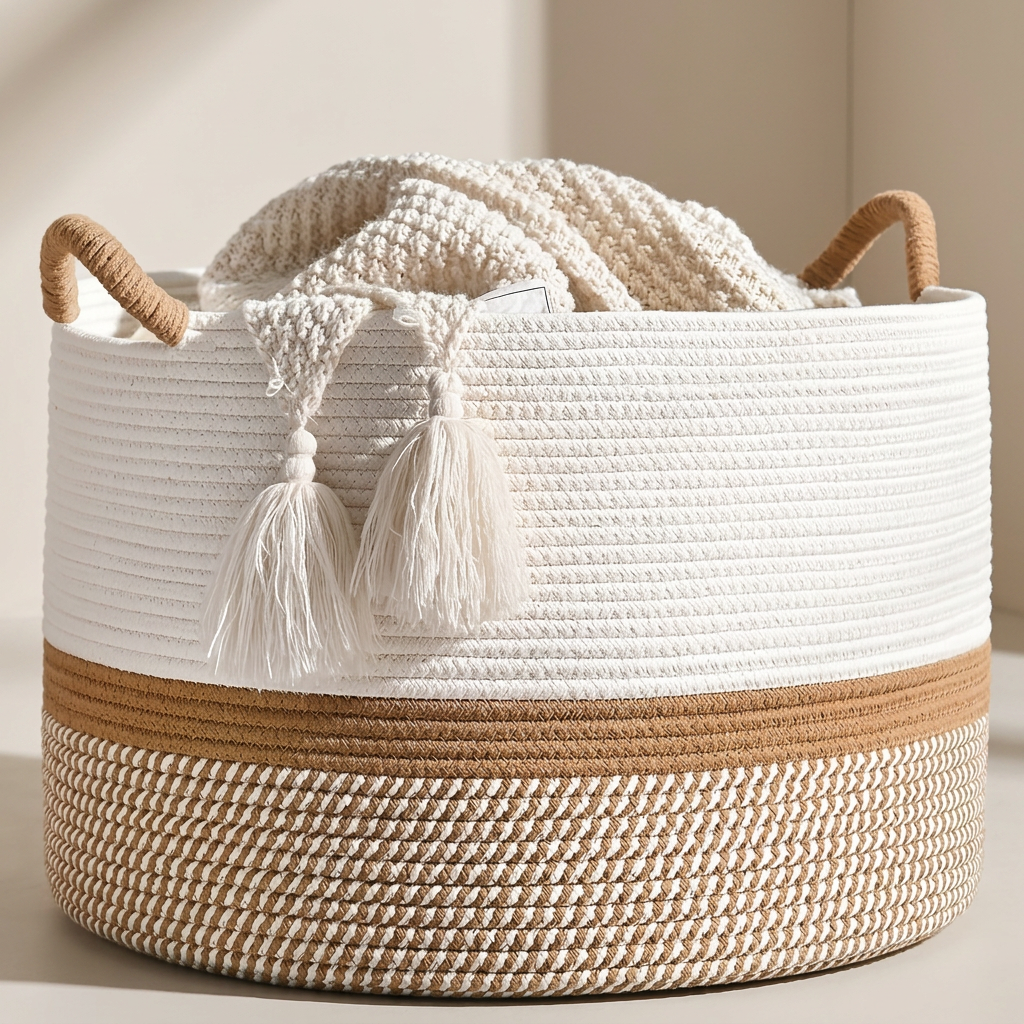Storage Basket Woven Cotton Boho Style Decorative Organizer