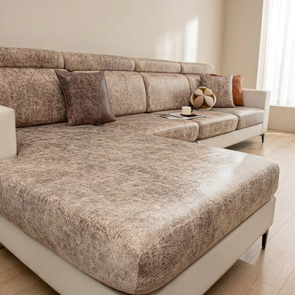 Sectional Sofa Cushion Slipcover, Vintage Leather Look, Four-Way Stretch, Hand Washable
