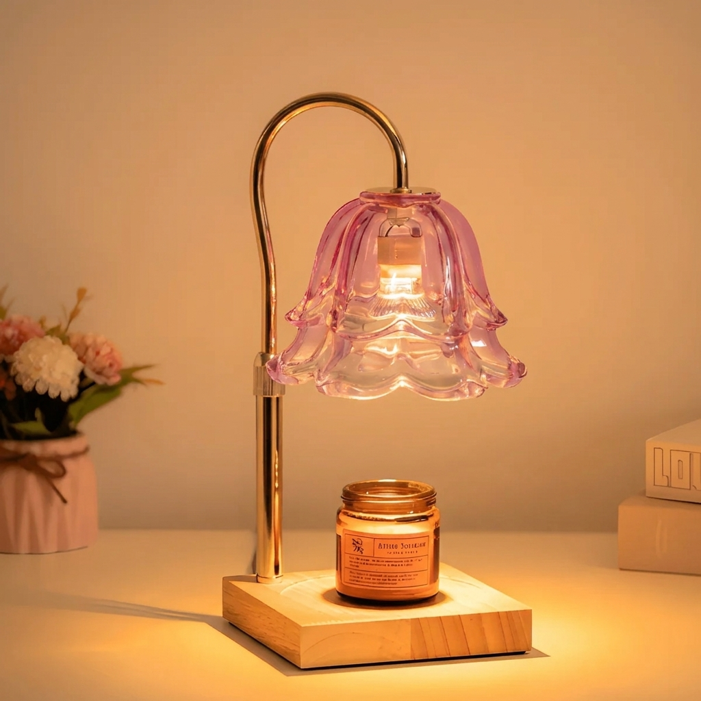 Floral Candle Warmer Table Lamp Electric Glass Shade with Wooden Base Adjustable Brightness and Timer