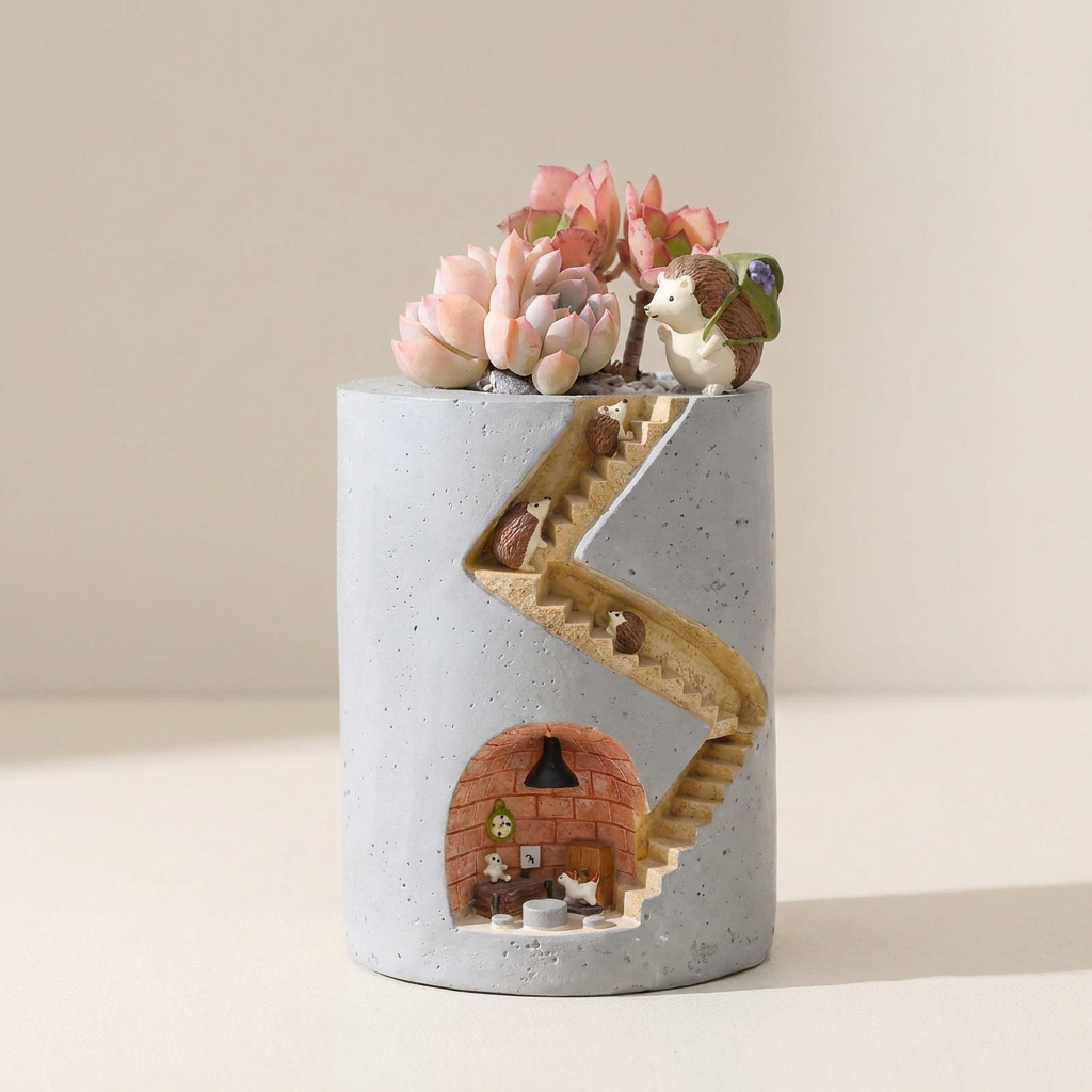 Indoor Planter Pot, Handmade Resin, Rabbit and Hedgehog Motifs