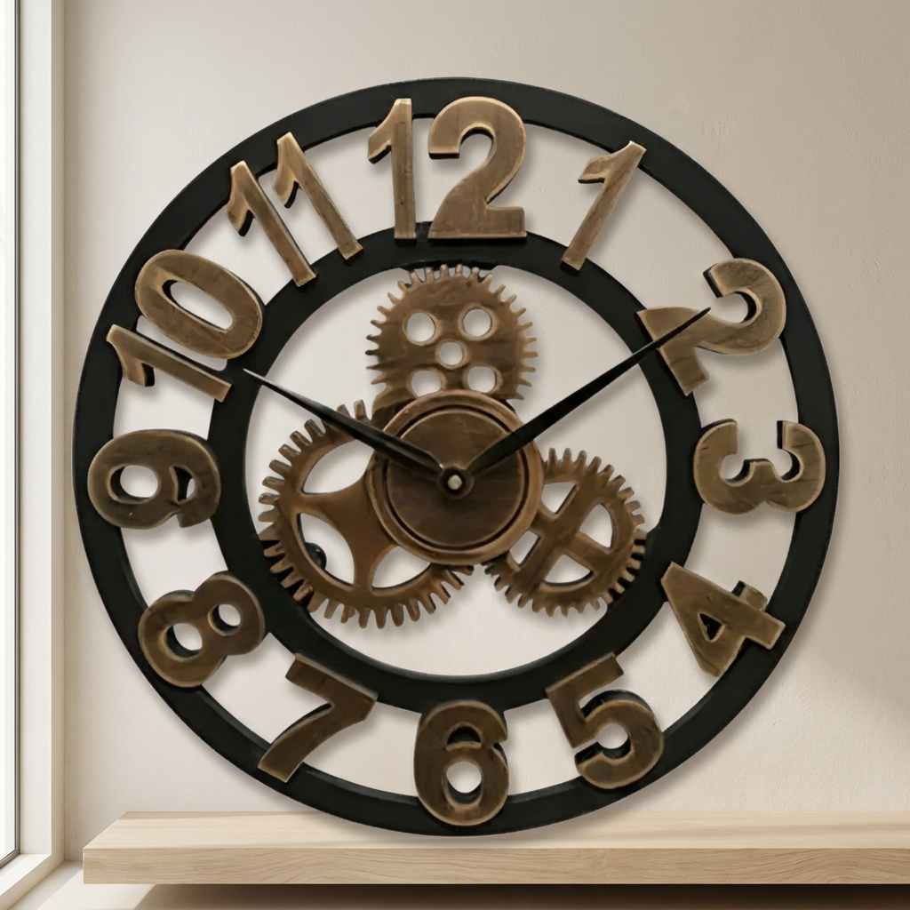 Wall Clock Decorative Industrial Style Metal Finish Gear Design