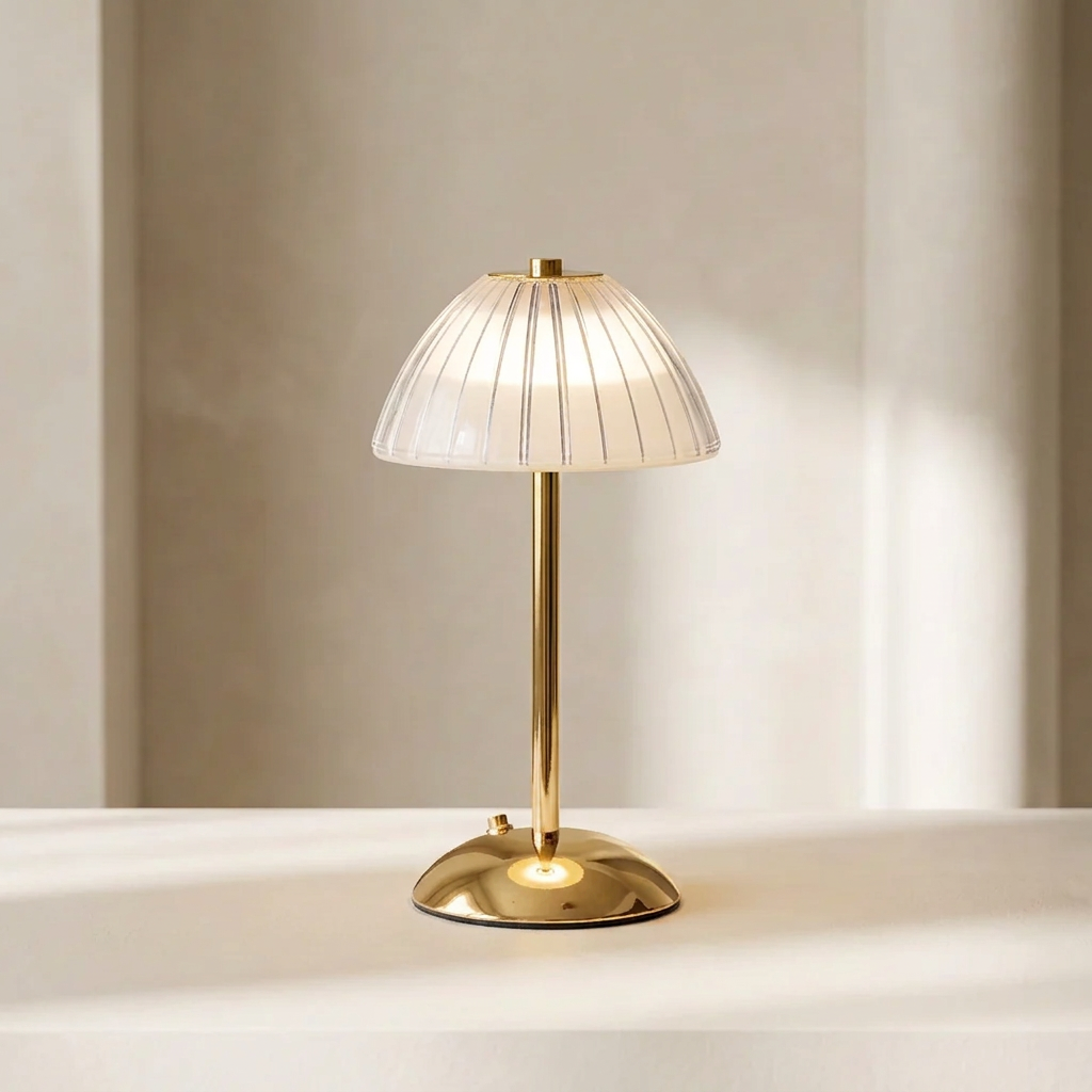 Dome Shade Cordless Table Lamp, Ribbed Transparent Shade, Touch Dimmer, Chrome Base