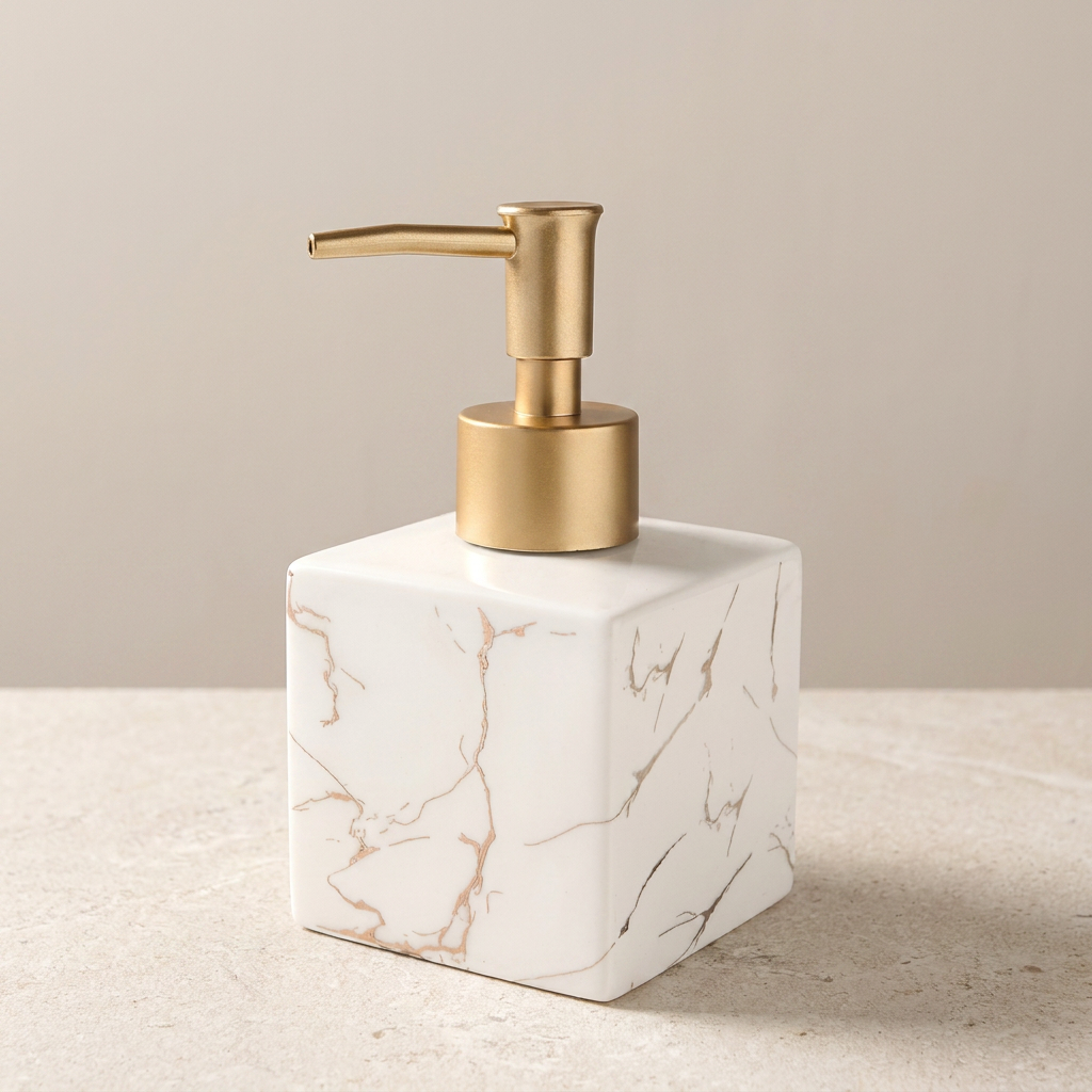 Soap Dispenser Ceramic Marble Pattern Matte Gold Pump Refillable Countertop