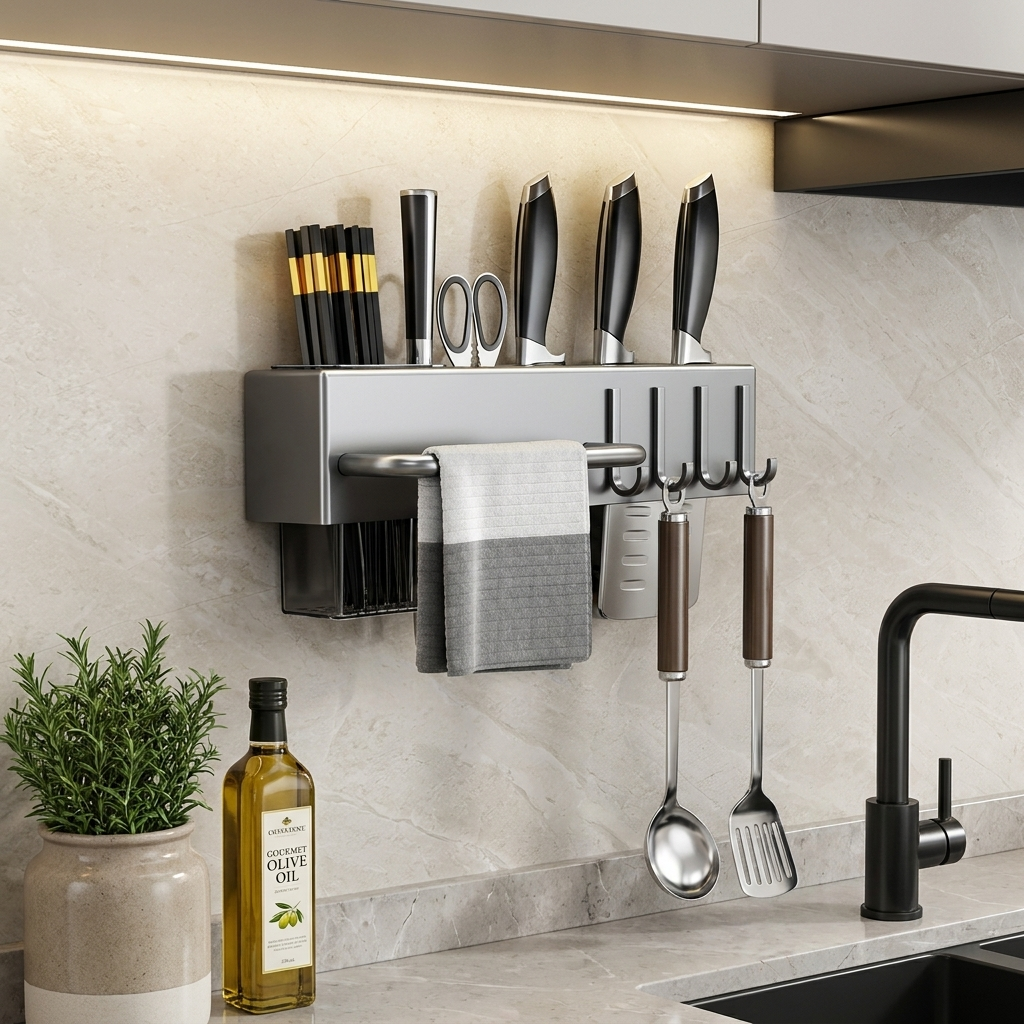 Wall Mounted Cutlery Organizer Metal Kitchen Storage Rack