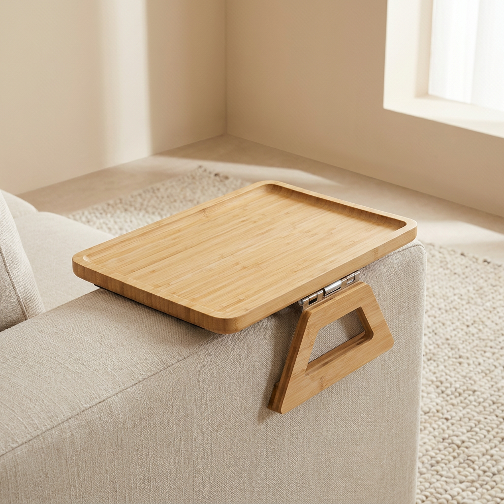 Clip-On Sofa Arm Tray, Bamboo Construction, Adjustable Clamp