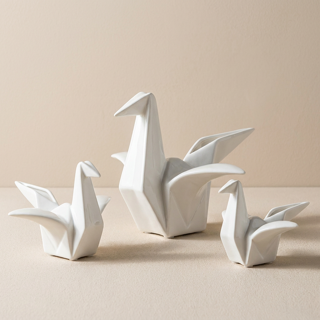 Origami Bird Sculpture, Ceramic Material, White Gloss Glaze, Geometric Design
